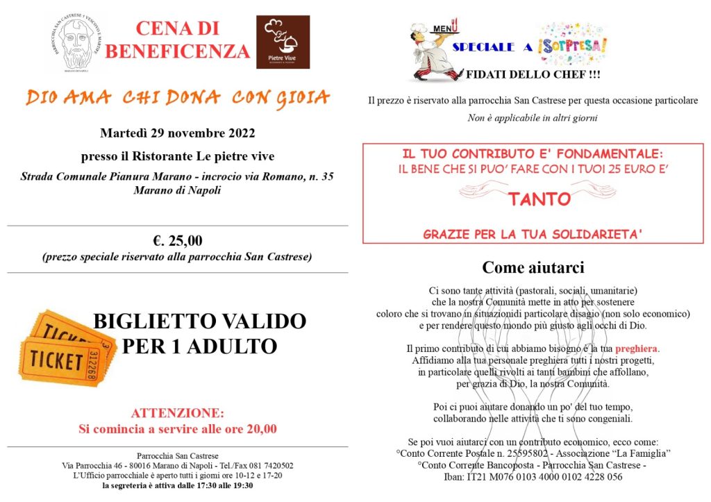 Martedì 29 novembre Cena di Beneficenza